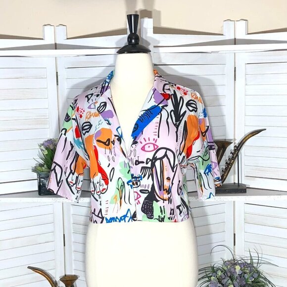 Shein Avant Garde abstract faces multi color top cropped shirt short sleeves XL - Picture 1 of 10